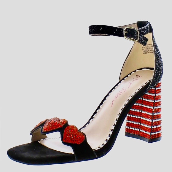 New Betsey Johnson Black Red Heart Valentine’s rhinestone Women\'s Heels 9.5